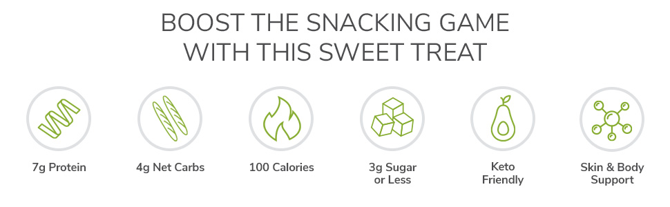 7g Protein 4g Net Carbs 100 Calories 3g Sugar or Less Keto Friendly Skin & Body Support Snack Sweet