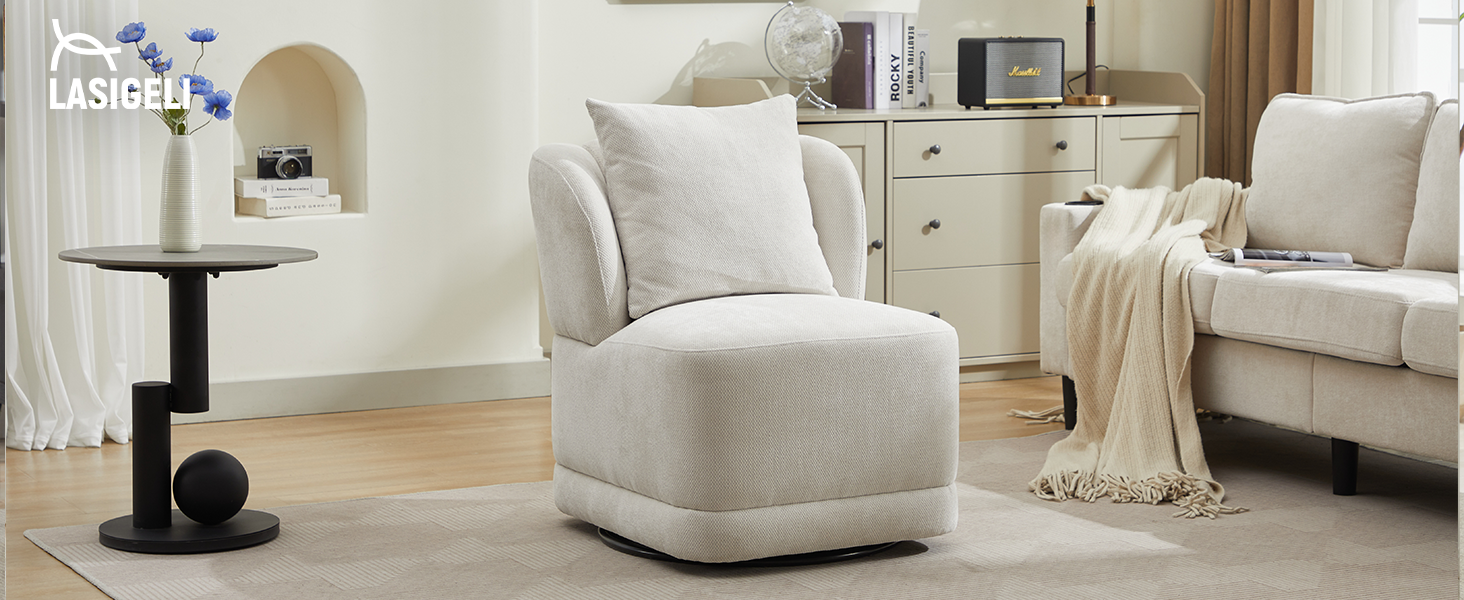 Swivel Accent Chair for Living Room,360° Rotating Barrel Chair with Square Back Pillow,Cream White