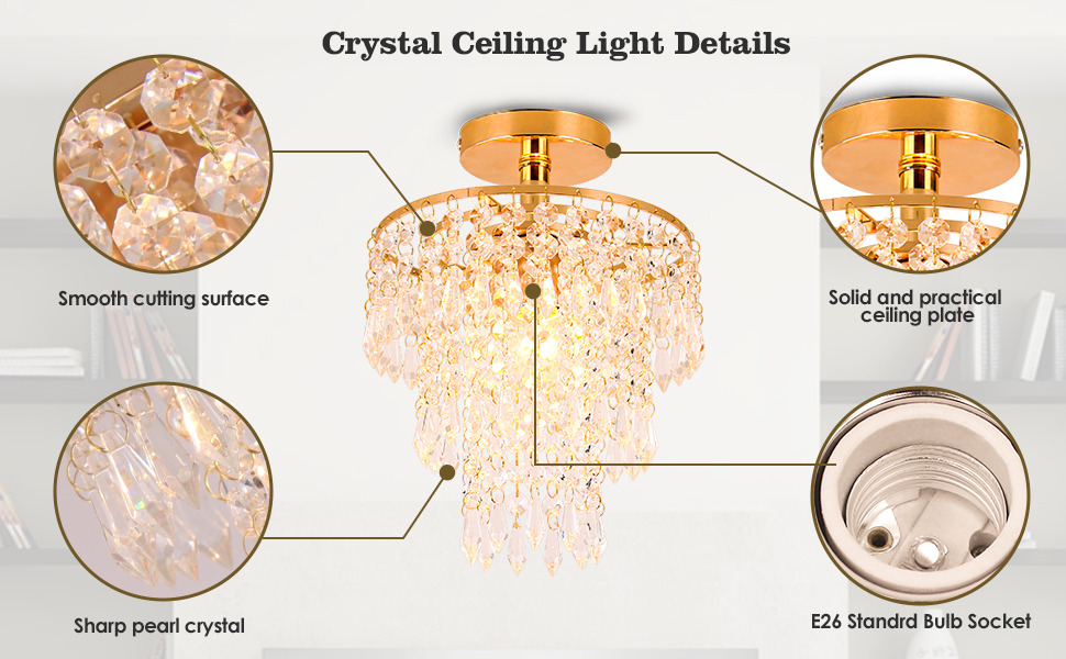 FRIXCHUR Small Crystal Chandelier Light Fixture Flush Mount Ceiling