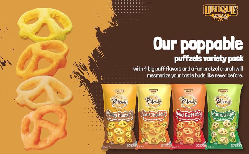 Unique Snacks Puffzels Variety Pack, Aged Cheddar, Wild