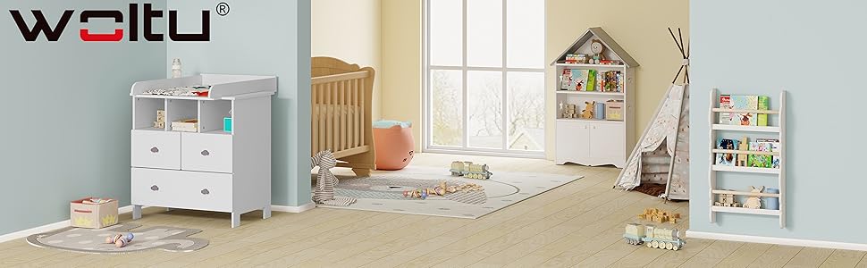 WOLTU Table à Langer En MDF Avec Tiroirs. Commode à 3 Étages Avec 3 Compartiments Ouverts Et 3 Tiroirs 80x48x82cm. Blanc WT006+WT007 10 1