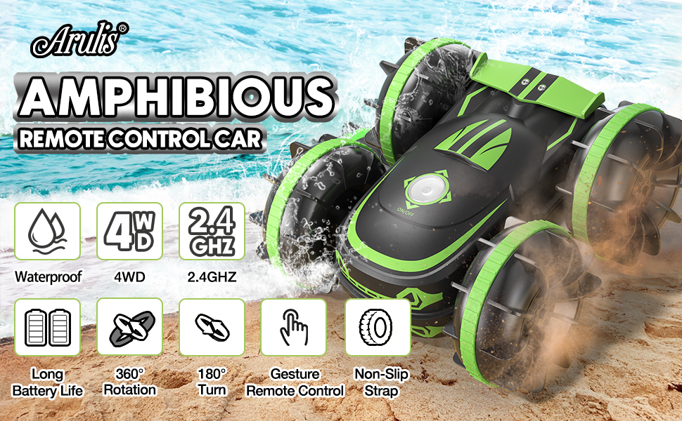 Arulis Amphibious Remote Control Car, 2.4Ghz 4WD Double Sided 360° Rotating RC Stunt Car, Remote