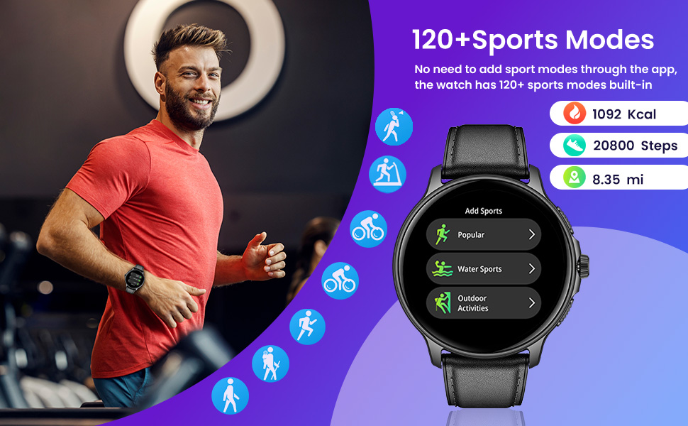 Text reads '120+ Sports Modes' on smartwatch interface display. Split image showing smartwatch screen with fitness tracking icons and workout monitoring features.