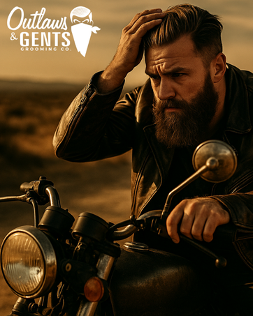 Bearded man on motorcycle slicking hair back