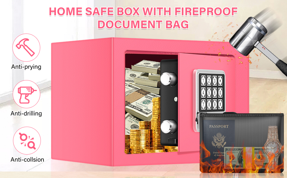Small Safe Box for Home with Fireproof Money Bag, Fireproof Safe Money