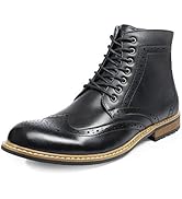 Multiple views of a black leather oxford brogue boot showing different angles. Features wing-tip detailing, lace-up design, and contrasting wooden sole.