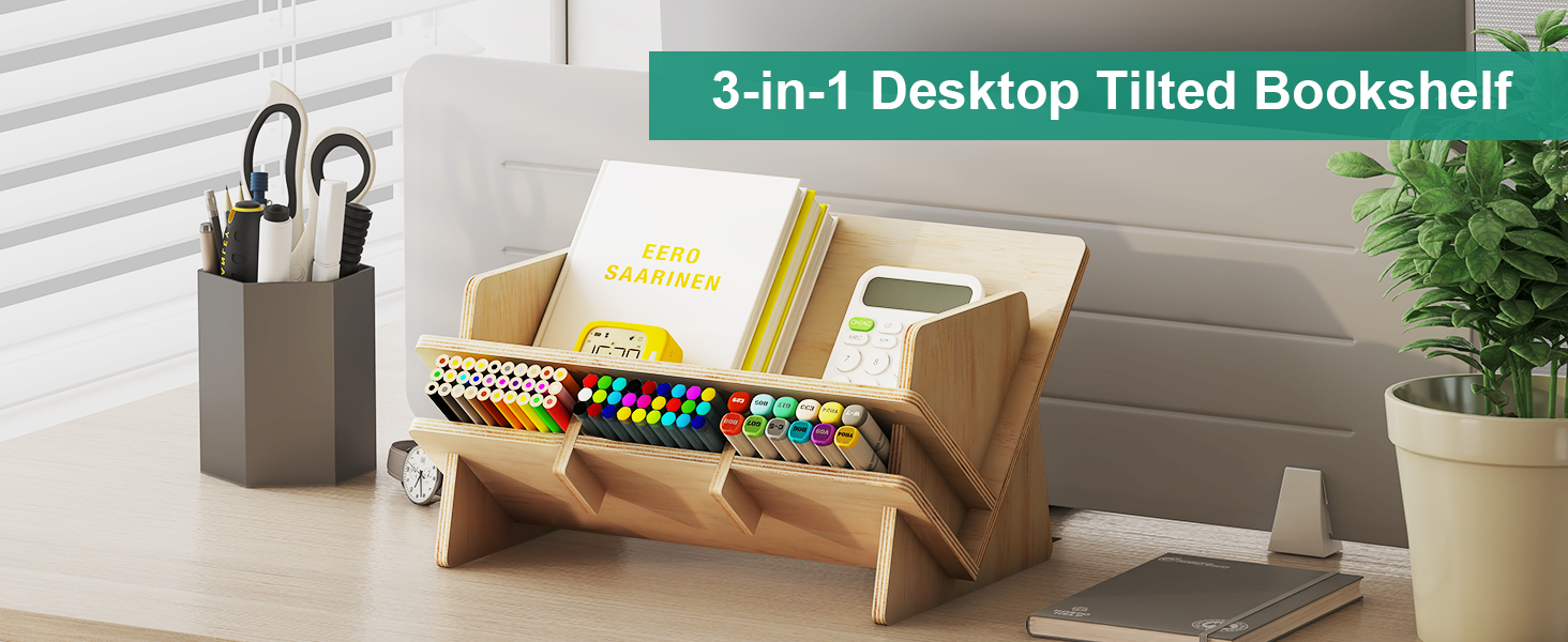 Jotboom Tabletop Bookshelf Tilted Book rack with 3 Pen
