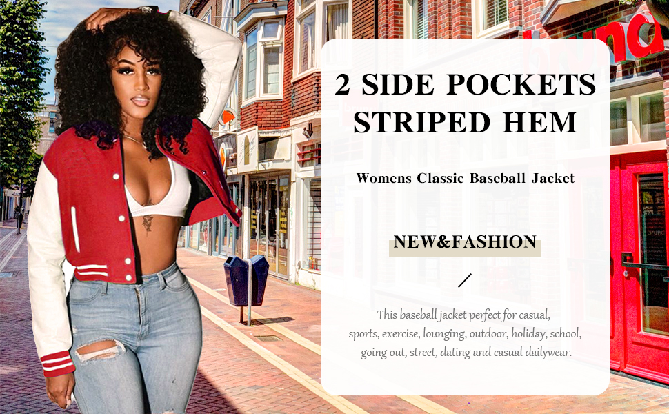 Womens Classic Baseball Jacket Long Sleeve Zip Up Casual Bomber Jacket Short Coats Outwear