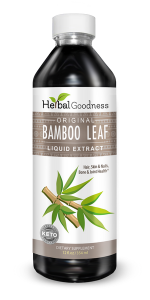 Light brown banded bottle with bamboo leaves on front and herbal goodness logo