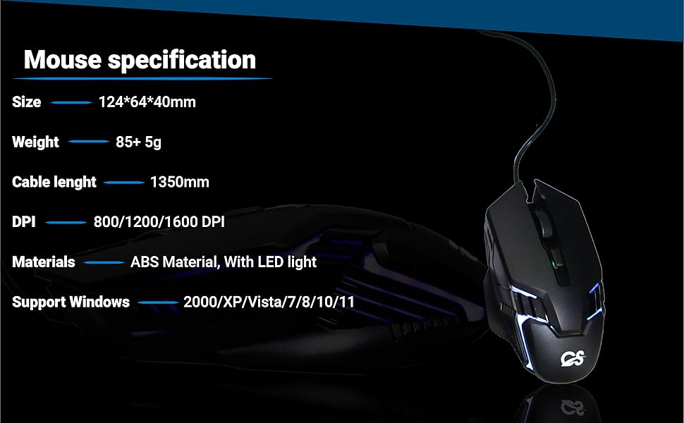 Gaming mouse with LED lights. Specifications: 124*64*40mm size, 85±5g weight, 1350mm cable, 800/1200/1600 DPI, ABS material, Windows compatible. Black with blue accents.