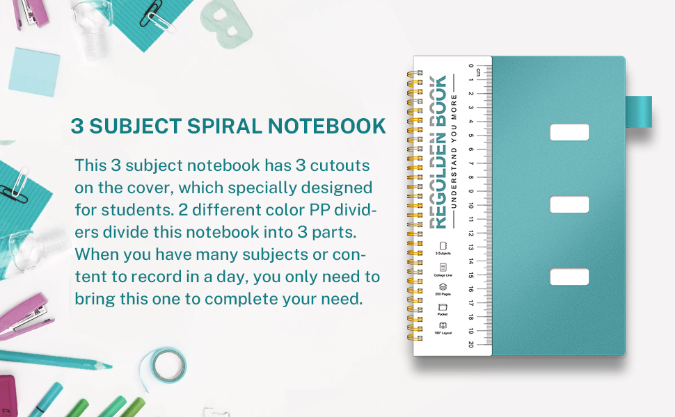 3 Subject Notebook College Ruled with Pocket and Dividers, Multi