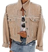 Omoone Women's Long Sleeve Rivet Studded Denim Jacket Casual Washed Pearl Short Jean Coat