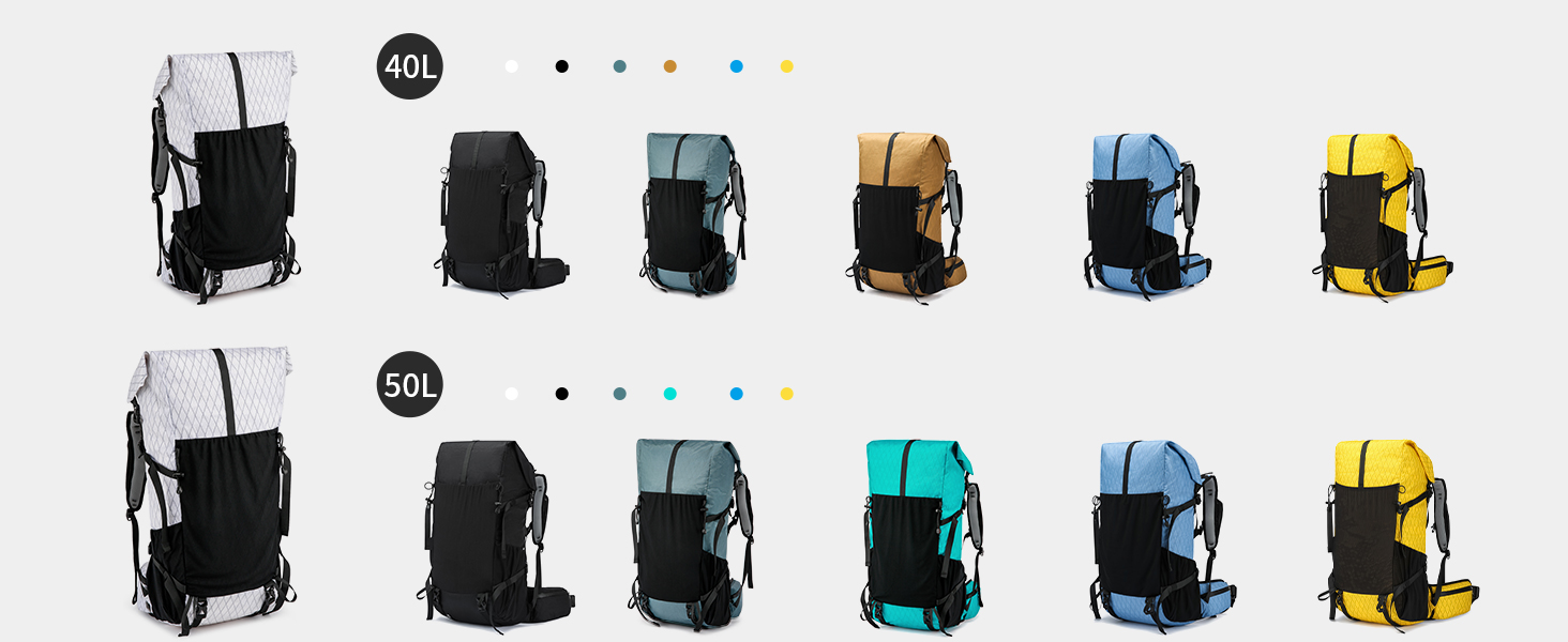 Two rows of backpacks in various colors. Top row labeled '40L', bottom row '50L'. Each row shows six backpacks with different color combinations, featuring black, white, gray, teal, blue, and yellow.