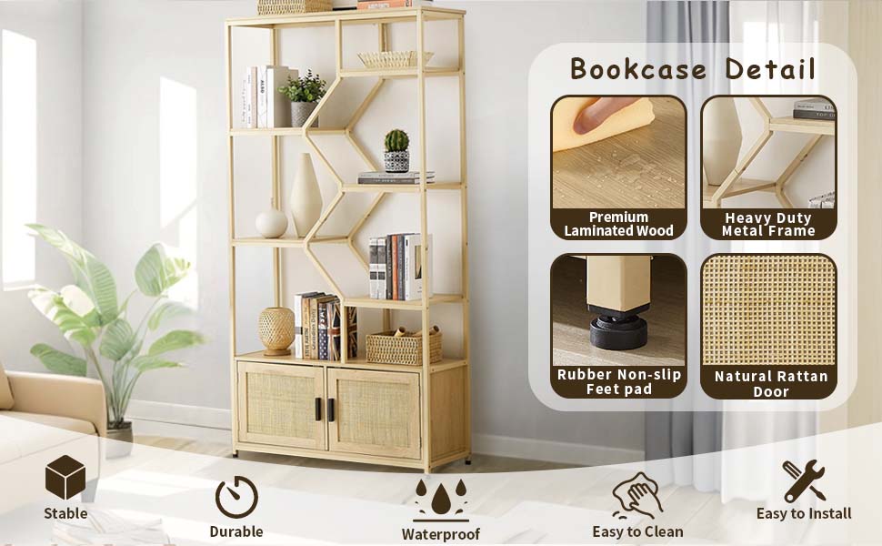 CUANBOZAM 7Tier Rattan Bookshelf with Storage