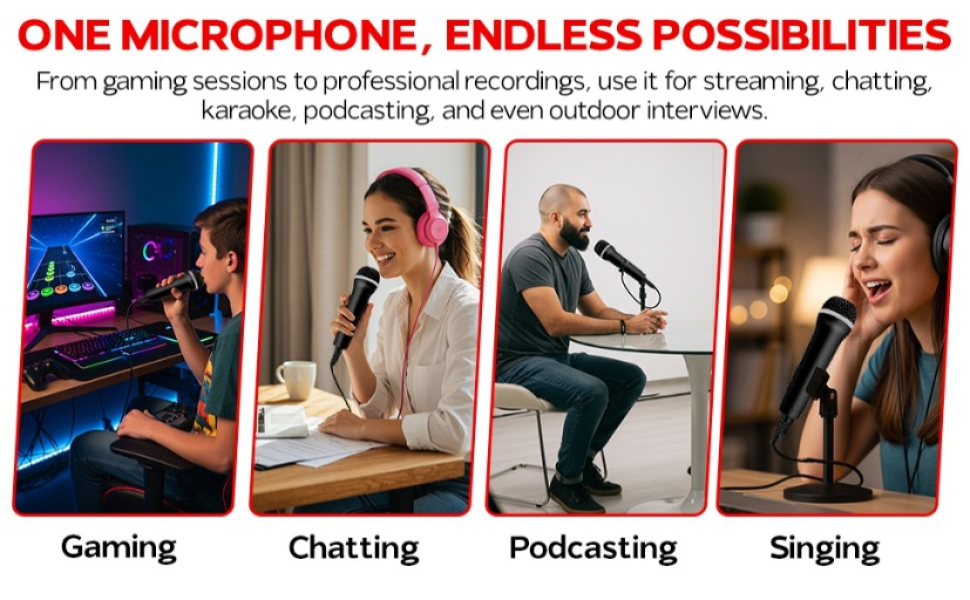 Four people are using the microphone for four different tasks.
