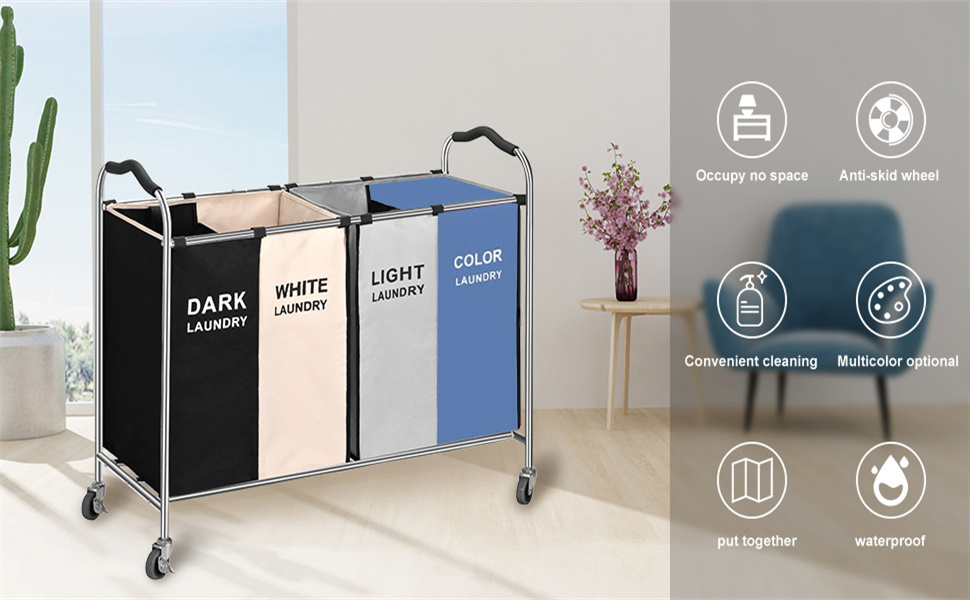 320L sorted laundry hamper, 4 Section Laundry Sorter Cart