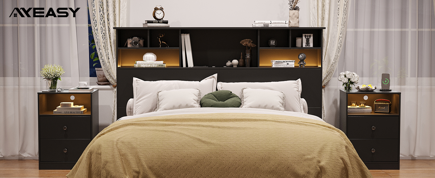 AYEASY Night Stand with Charging Station, LED Wood Black