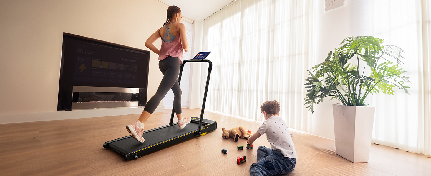 UREVO 2 in 1 Under Desk Treadmill in running mode, offering a higher speed setting for more intense workouts.