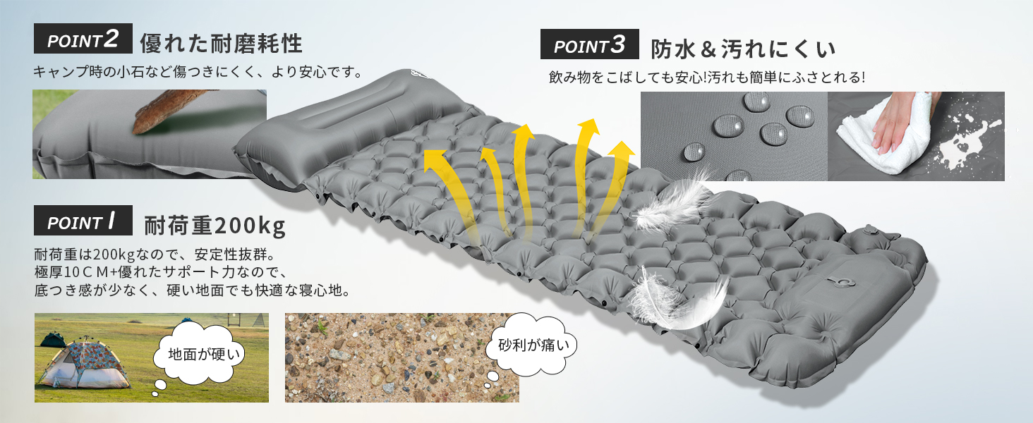 エアーマット 足踏み式 厚さ10cm 30秒膨張 キャンプマット 防水 耐荷重200kg