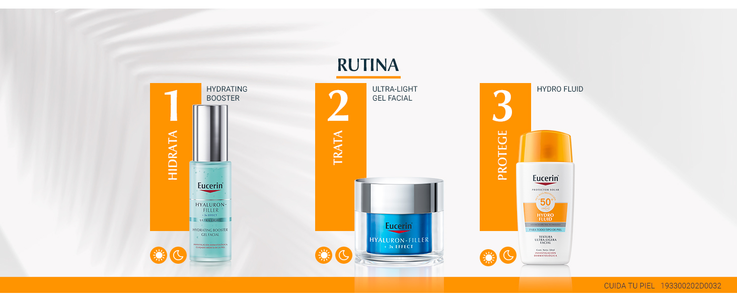 Rutina 1 Hidrata con Hydrating booster serum, 2 trata con ultra gel facial y protege con Hydro Fluid