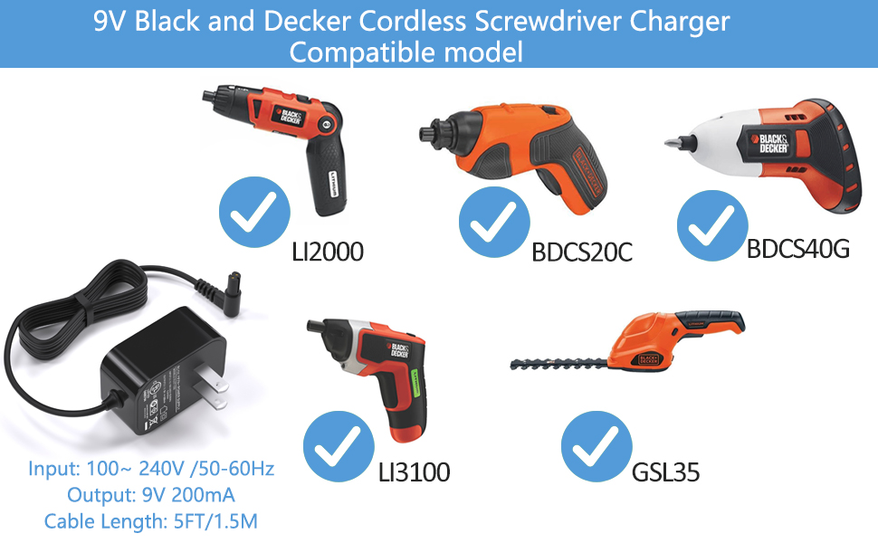 VHBW Replacement for Black and Decker Drill LI2000 Charger 9V Compatible with Black and Decker