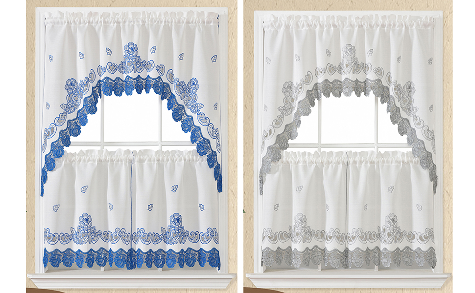 GOHD Lace Rosarium Kitchen Curtains, 3PCS Kitchen Curtains