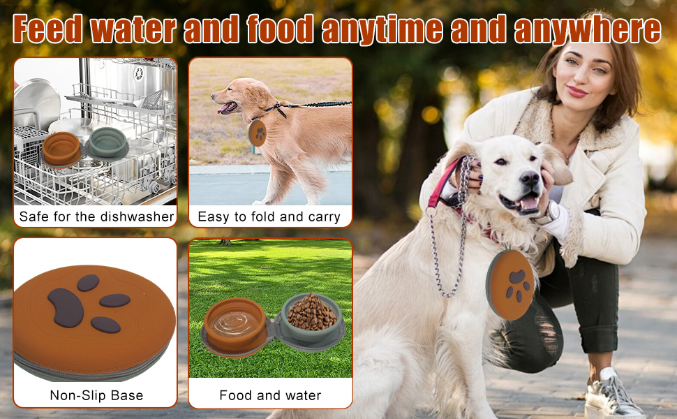 collapsible travel dog bowl non-slip silicone 2-in-1 leakproof food grade camping car dishwasher