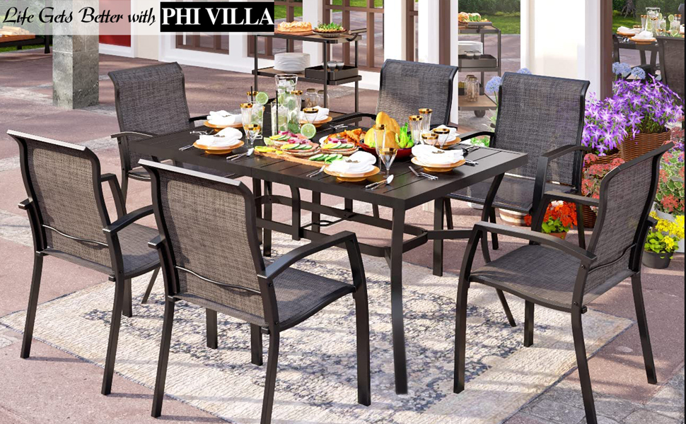 PHI VILLA All Aluminum Patio Dining Set for 6, Outdoor Table and Chairs