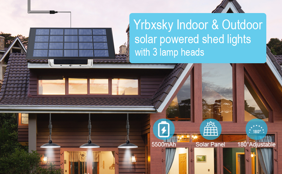 Yrbxsky Indoor & Outdoor solar powered shed lights with 3 lamp heads