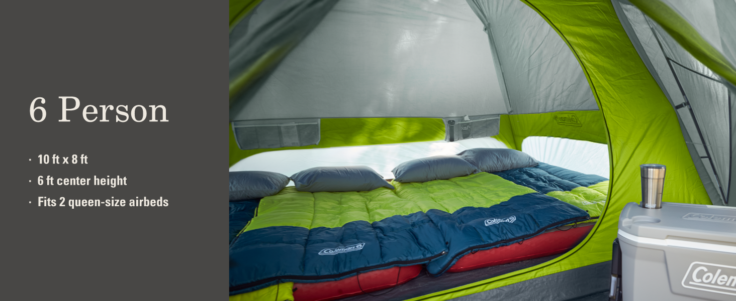 coleman skydome tent six person people camping fit room height size airbed queen sleep two beds kids