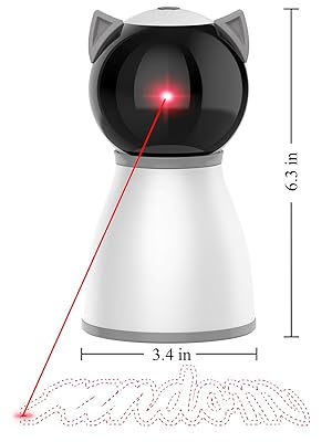 Katzenförmiges interaktives Spielzeug, das roten Laser auf den Boden projiziert. Weiße Basis, schwarzer Kugelkopf mit Ohren. Abmessungen: 3,4 Zoll breit, 6,3 Zoll hoch.