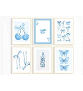 6Pcs Blue Bows Wall Art Coquette Girly Canvas Paintings Aesthetic Watercolor Light Blue Cherry Bu...