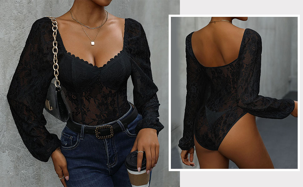 SHEKINI Women's Lace Bodysuit Mesh Floral Puff Long Sleeve