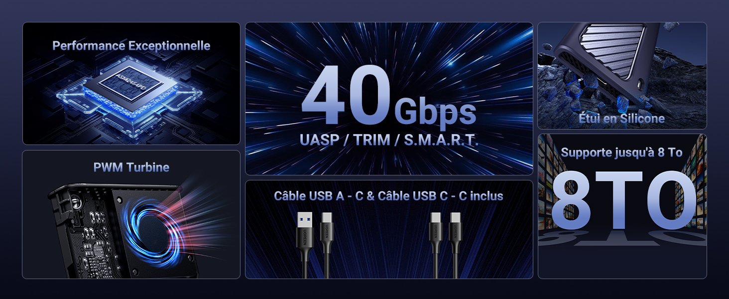 Image marketing d'un produit technologique composite montrant une vitesse de transfert de données de 40 Gbit/s, une capacité de stockage de 8 To et divers composants matériels avec des effets de lumière bleue