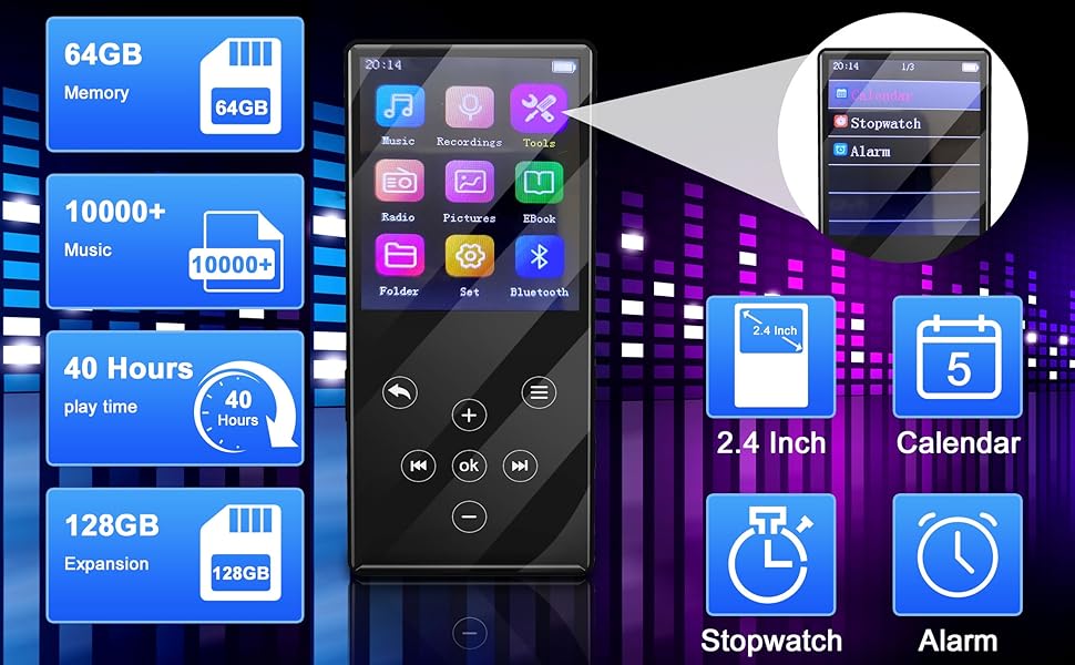 Gueray MP3 Player Bluetooth 64GB HIFI Sound Quality MP3 Player with Speakers Support