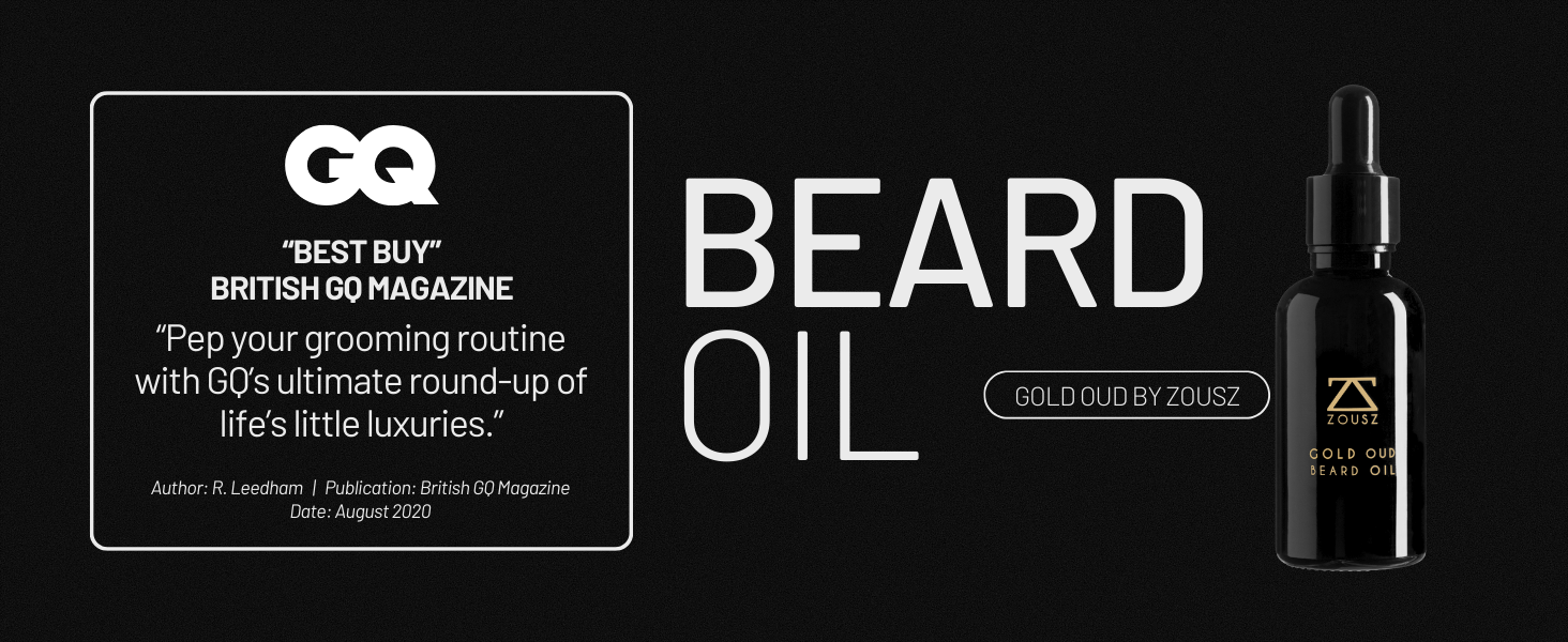 Black bottle of beard oil with dropper. Award badge from GQ magazine visible. Product labeled as 'BEARD OIL' in large white text against black background.