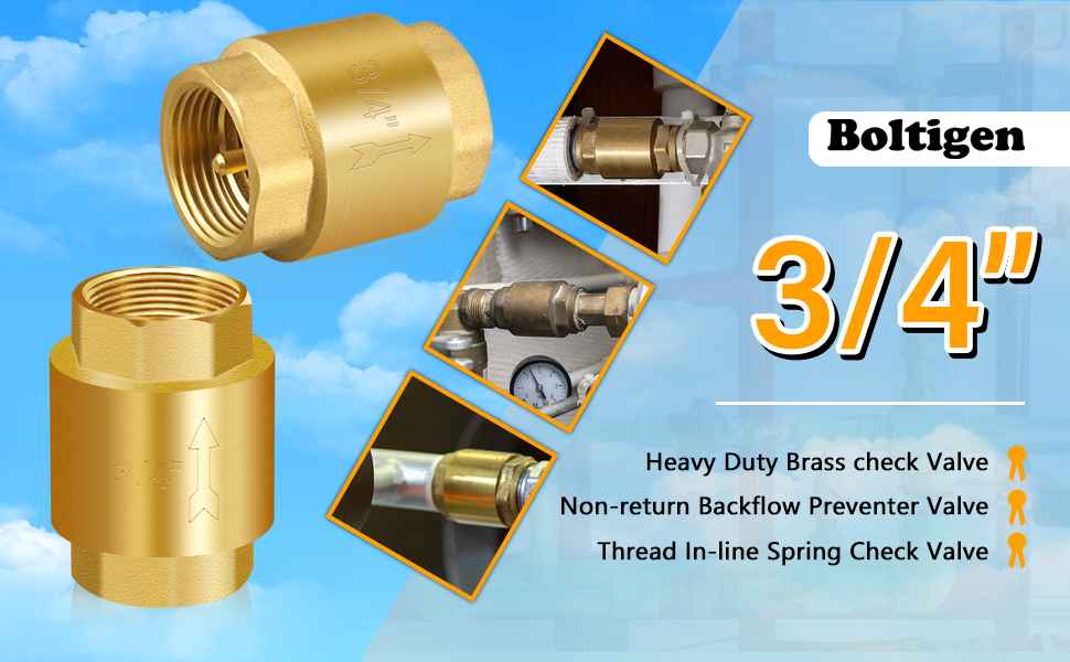 2PCS 3/4 NPT Thread Spring Check Valve, Brass Non Return