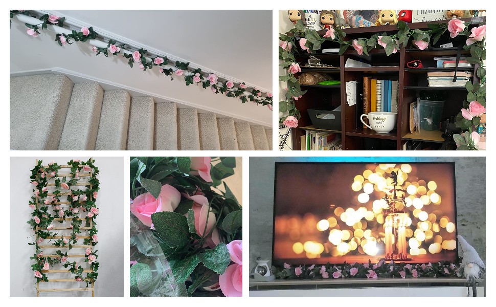 RENATUHOM Pink Rose Vine Front Garland 4pcs Hanging Artificial Flowers