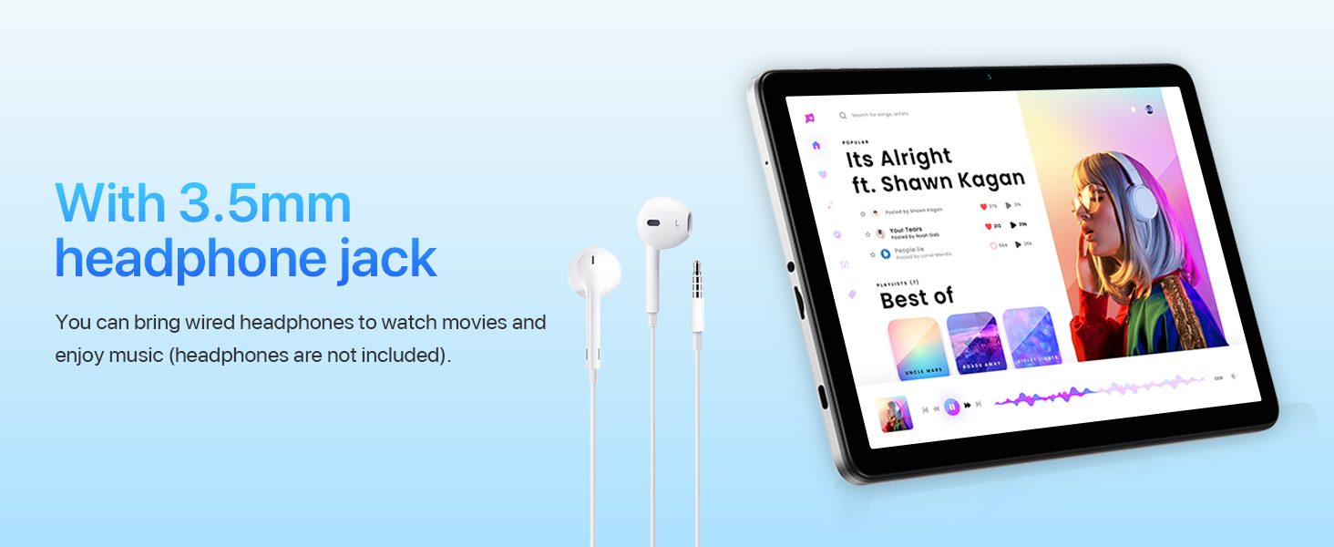 Tablet device with colorful screen display. Text highlights 3.5mm headphone jack compatibility. White earbuds shown.