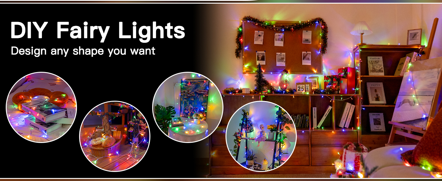 Text reads 'DIY Fairy Lights Design any shape you want'. Four circular inset photos show colorful LED string lights in various decorative arrangements, with main image showing bookshelf display.