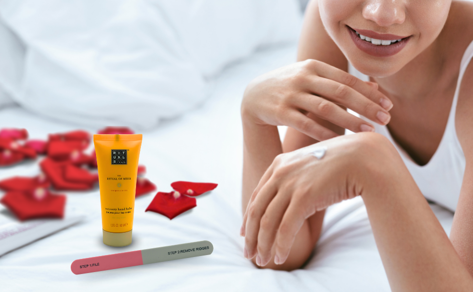 GIRL WITH HAND RECOVER BALM AND NAIL FILE ON HER SIDE