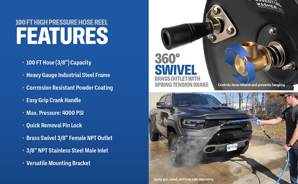 ESSENTIAL WASHER Pressure Washer Hose Reel 100ft Pressure Washer Reel High