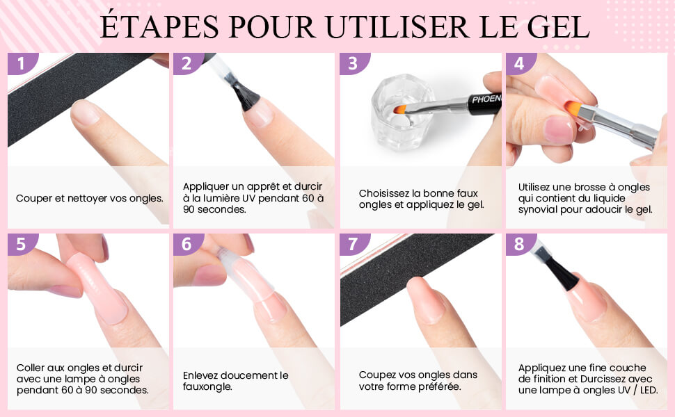 Phoenixy Kit Ongle Gel U V Complet 6 Couleurs Nail Extension Gel Kit avec Base et Top Coat Kit