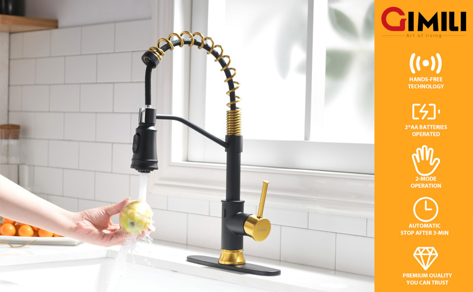 GIMILI Black and Gold Touchless Kitchen Faucet with AC Adapter, Motion
