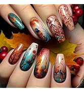 Fall Press on Nails Medium Square Fake Nails with Designs Maple Leaf Glue on Nails Long Coffin Fa...