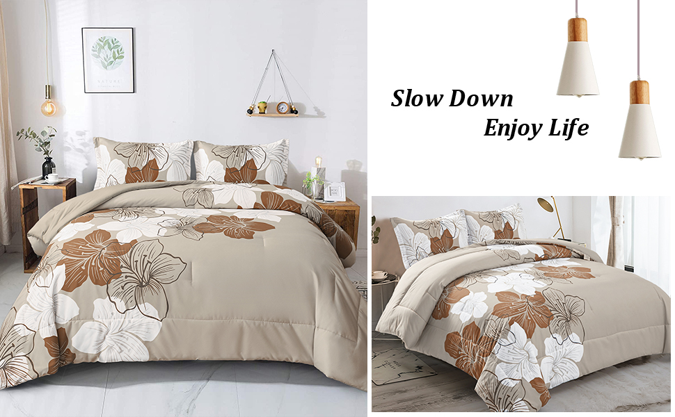 Menghomeus Taupe Comforter Set Queen Brown Floral