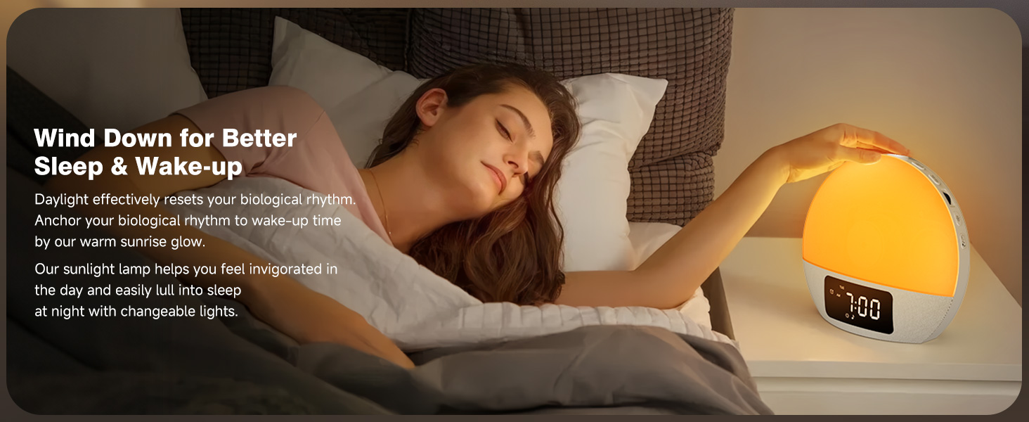 Bedroom scene with person sleeping. Yellow cube-shaped device on nightstand, likely a sleep aid or alarm clock. Text mentions 'Wind Down for Better Sleep & Wake-up'.