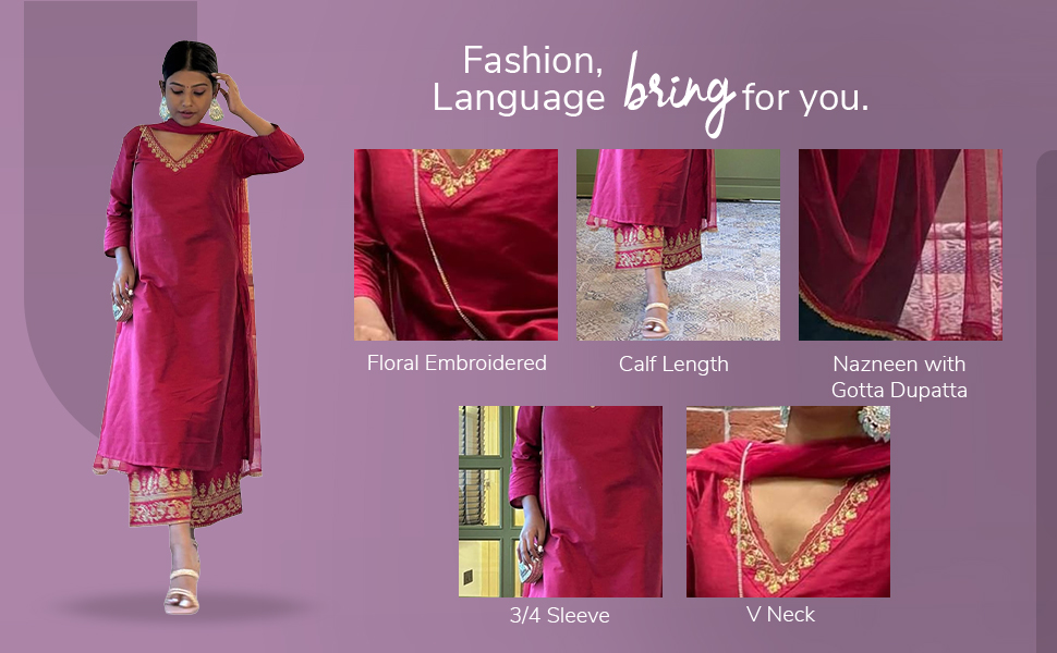 VredeVogel Women's Silk Blend Embroidered Straight Kurta with Palazzo & Nazneen Dupatta Set