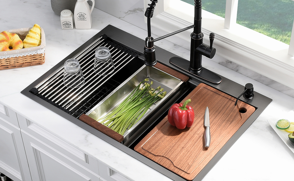 SOMRXO 30x22 Inch Drop In Kitchen Sink Workstation,16 Gauge