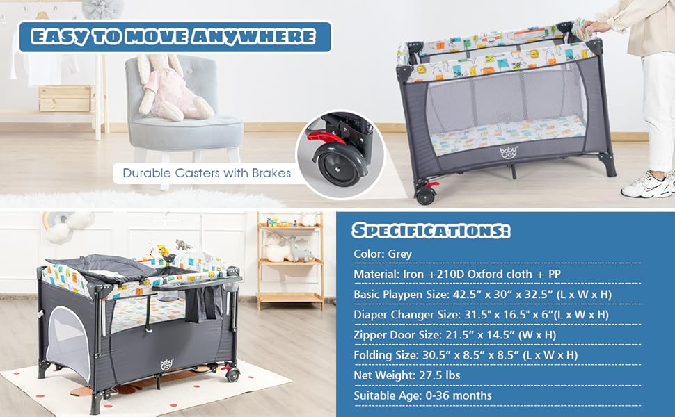 DREAMADE 5 In 1 Lettino Neonato, Culla Da Campeggio Con Fasciatoio E Giocattolo Appeso, Altezza Regolabile In 4 Livelli, Vassoio Portaoggetti, Adatto A Bambini Da 0 A 36 Mesi (Grigio) 17 06